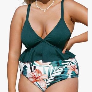 CUPSHE Women Swimsuit Plus Size 2X Bikini Set Two Piece Bathing Suit V Neck High